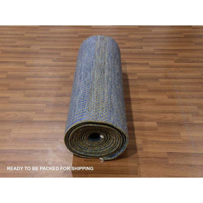 Shahbanu Rugs Aegean Blue, Modern Tone on Tone Grass Design, Hand Knotted, Dyed Wool, XL Runner